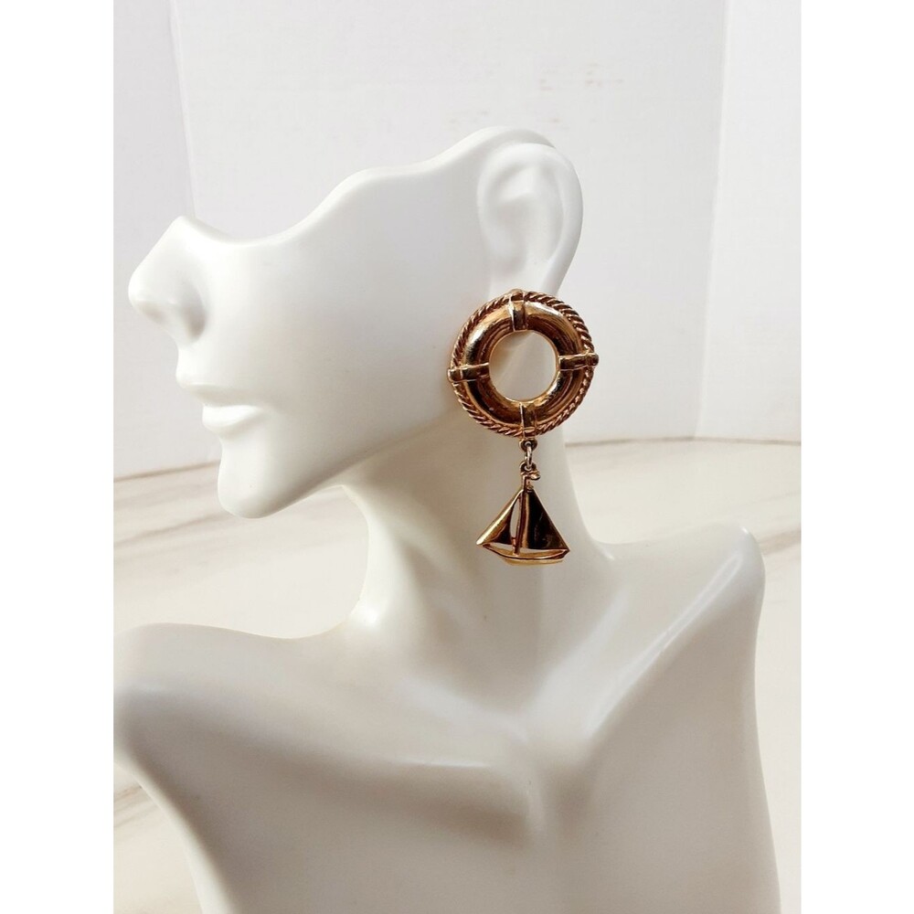 Gold Nautical Ring & Sailboat Drop Post Earrings